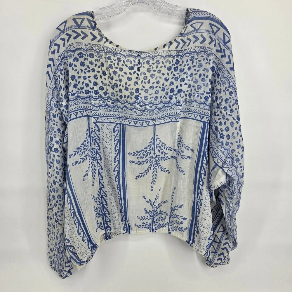 Free People Peasant Blouse L Blue White Lace Up Boho Festival Art-inspired Top
